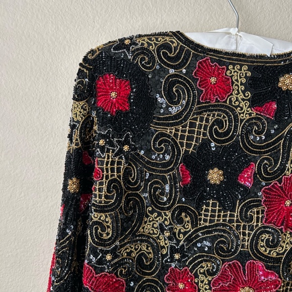 Black Beaded Jacket Long Sleeve Red Gold Embroidery Sequin Vintage Size Medium - Picture 7 of 15
